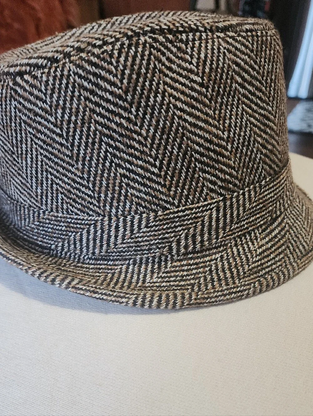 Herringbone Pattern Fedora Hat - Black & Cream, with hint light brown